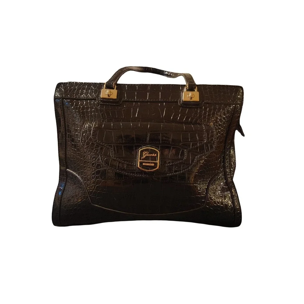 Guess Structured Handbag Purse Black Croc Embossed Texture Sleek Girl Boss